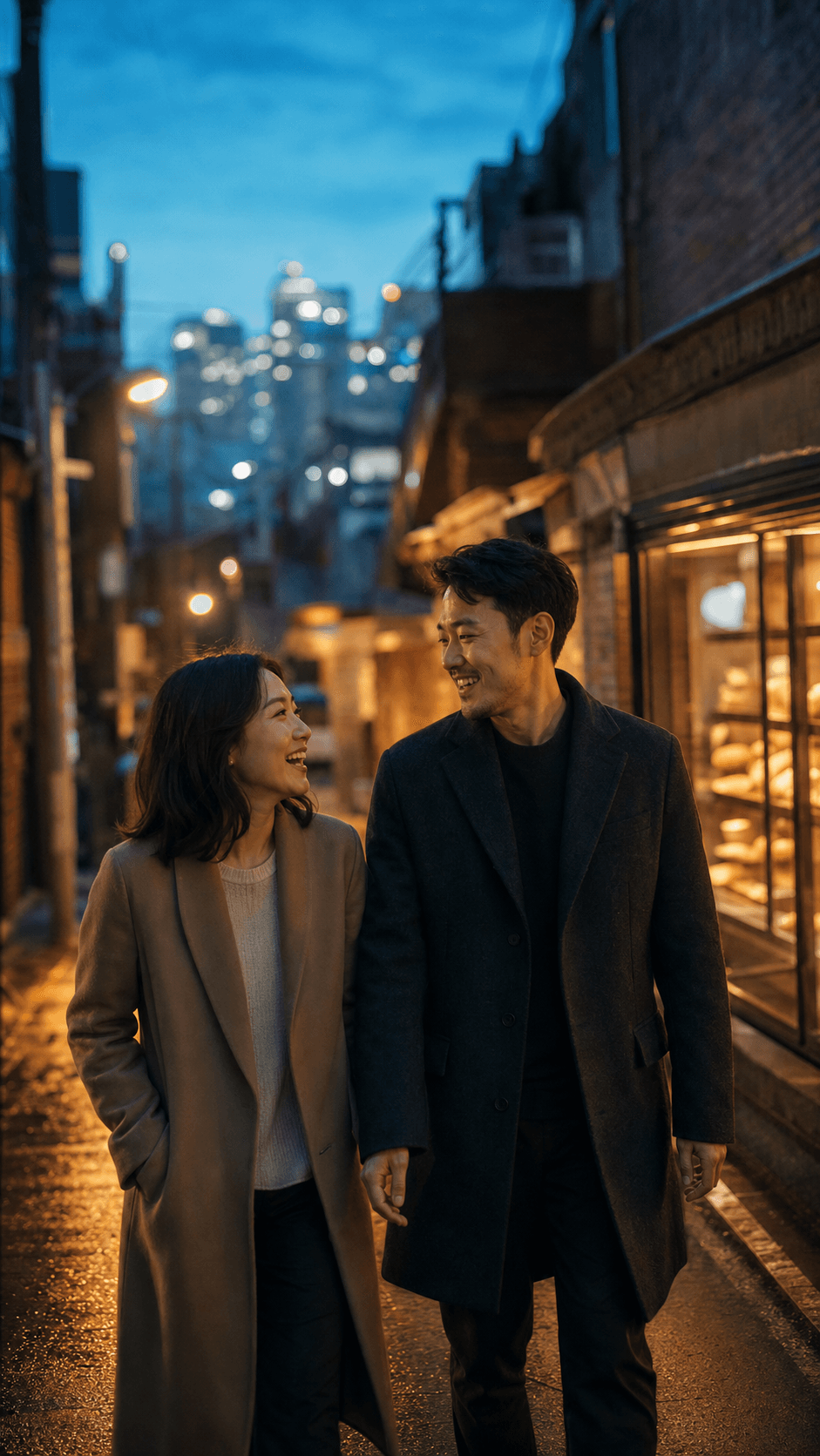 해질녘 성수동 골목을 나란히 걷는 두 사람 — Vicino 브랜드 필름의 한 장면